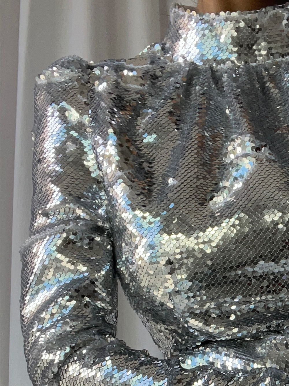 Sequin High Neck Long Sleeve Ruffle Hem Mini Party Dress - View 7