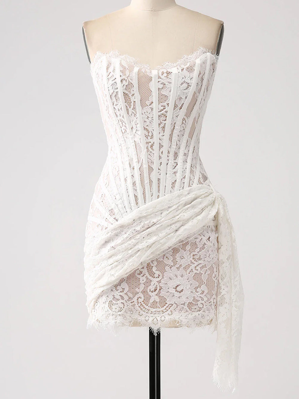 Strapless Eyelash Lace Corset Ruched Mini Dress 8