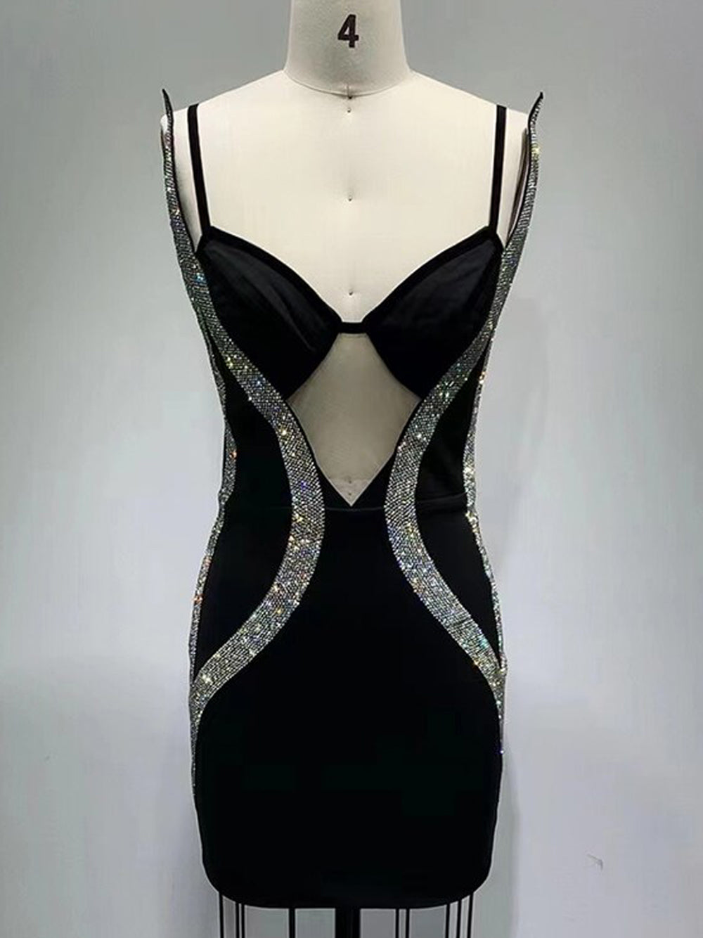 Rhinestone Trim V-Neck Mesh Insert Bodycon Mini Dress 6