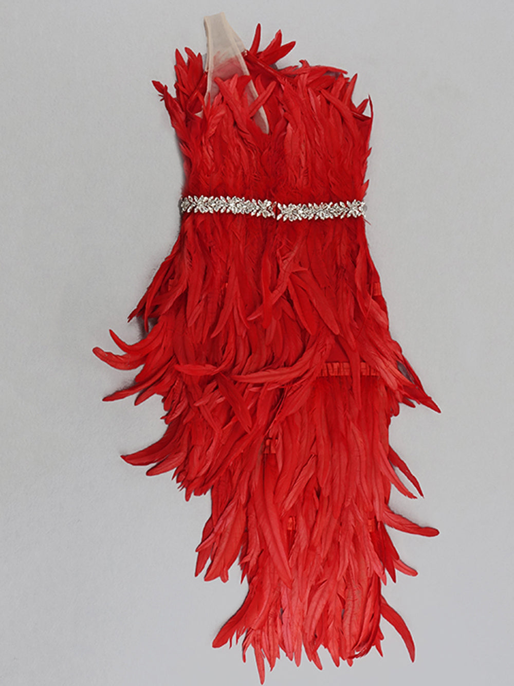 Strapless Rhinestone Belt Asymmetric Feather Hem Bodycon Mini Dress - View 9