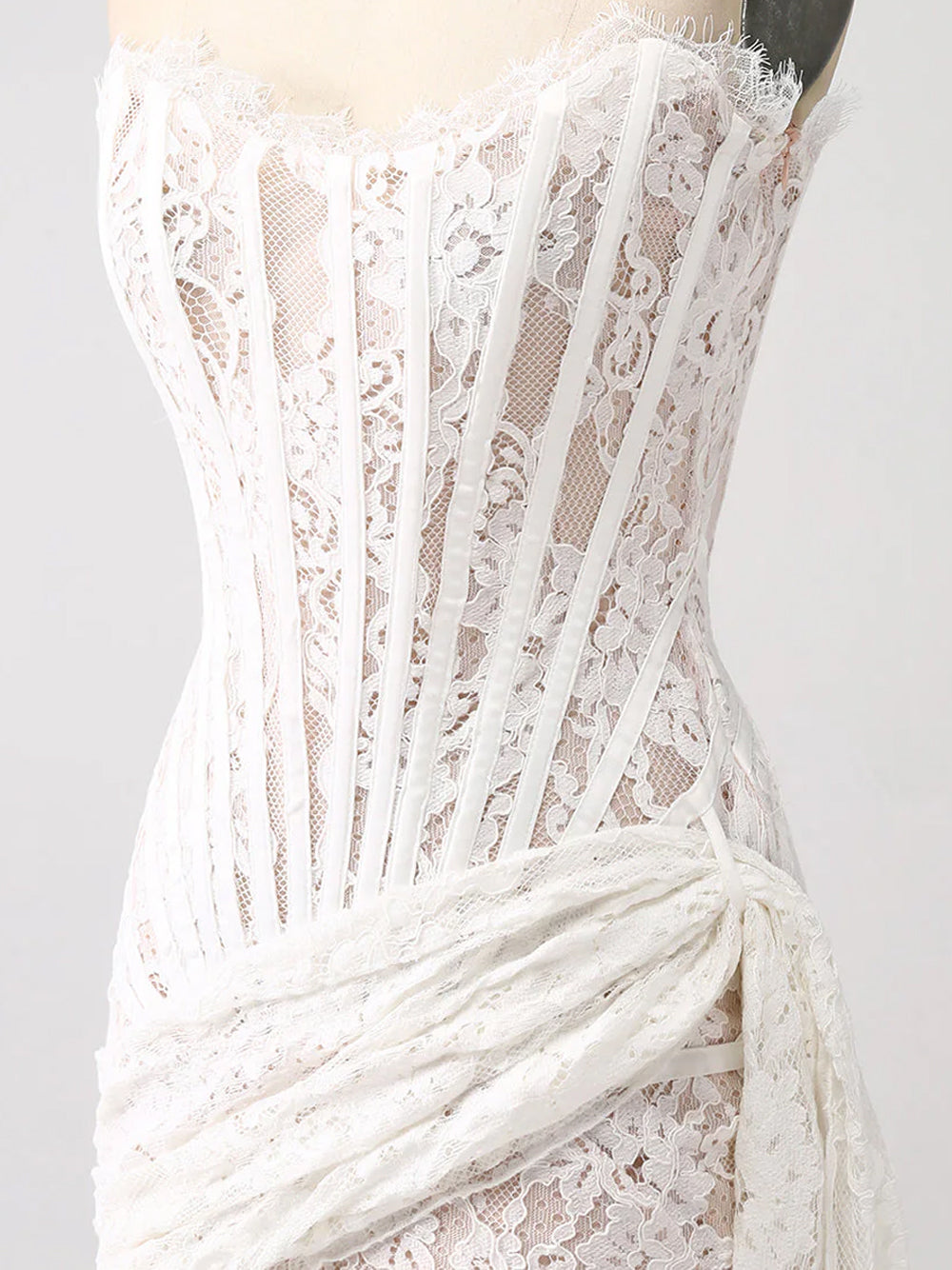 Strapless Eyelash Lace Corset Ruched Mini Dress 11