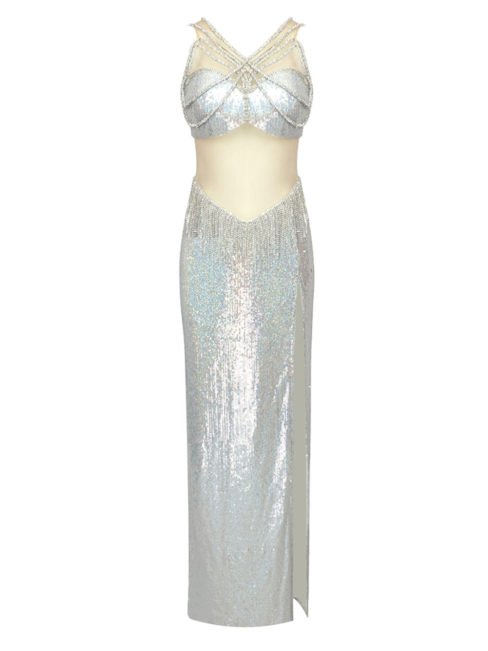 Crystal Sequin Bralette and Fringe Maxi Skirt Set