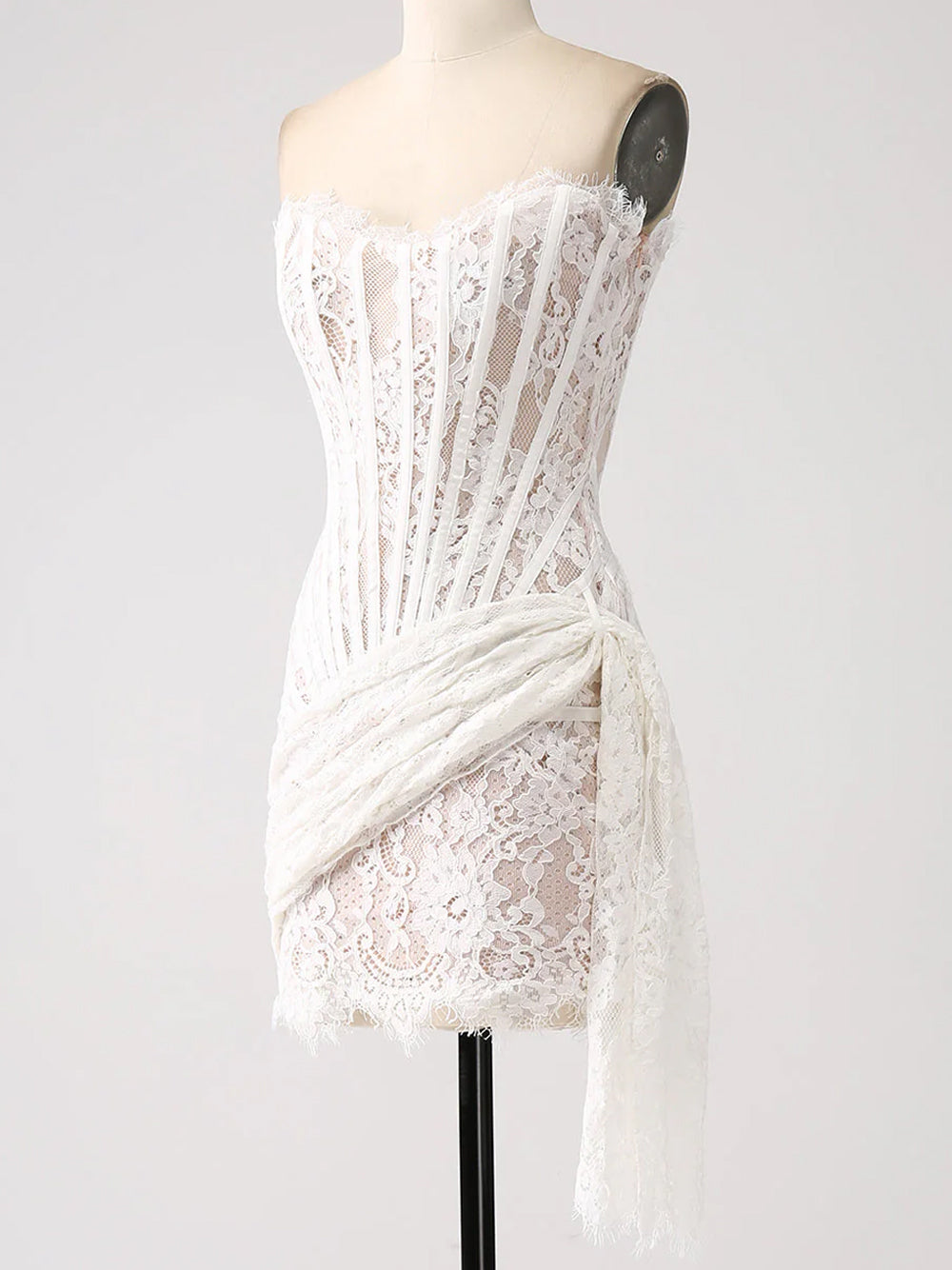 Strapless Eyelash Lace Corset Ruched Mini Dress 9