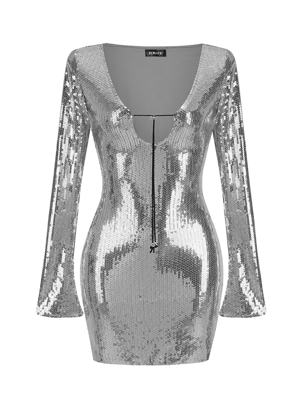 Sequin Deep V-Neck Long Sleeve Bodycon Mini Dress