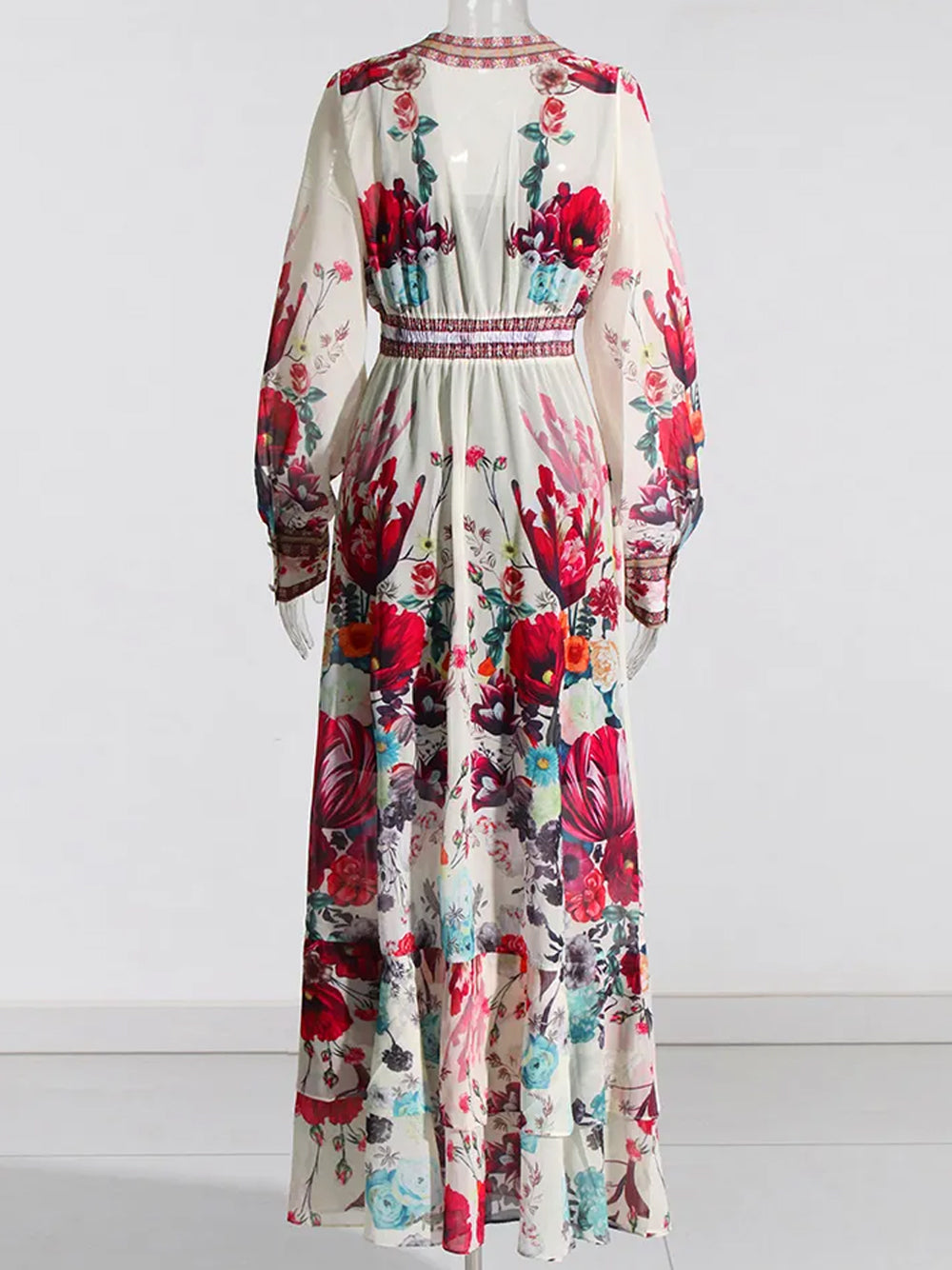 Floral Deep-V Bishop-Sleeve Button-Front Tiered Maxi Dress 8
