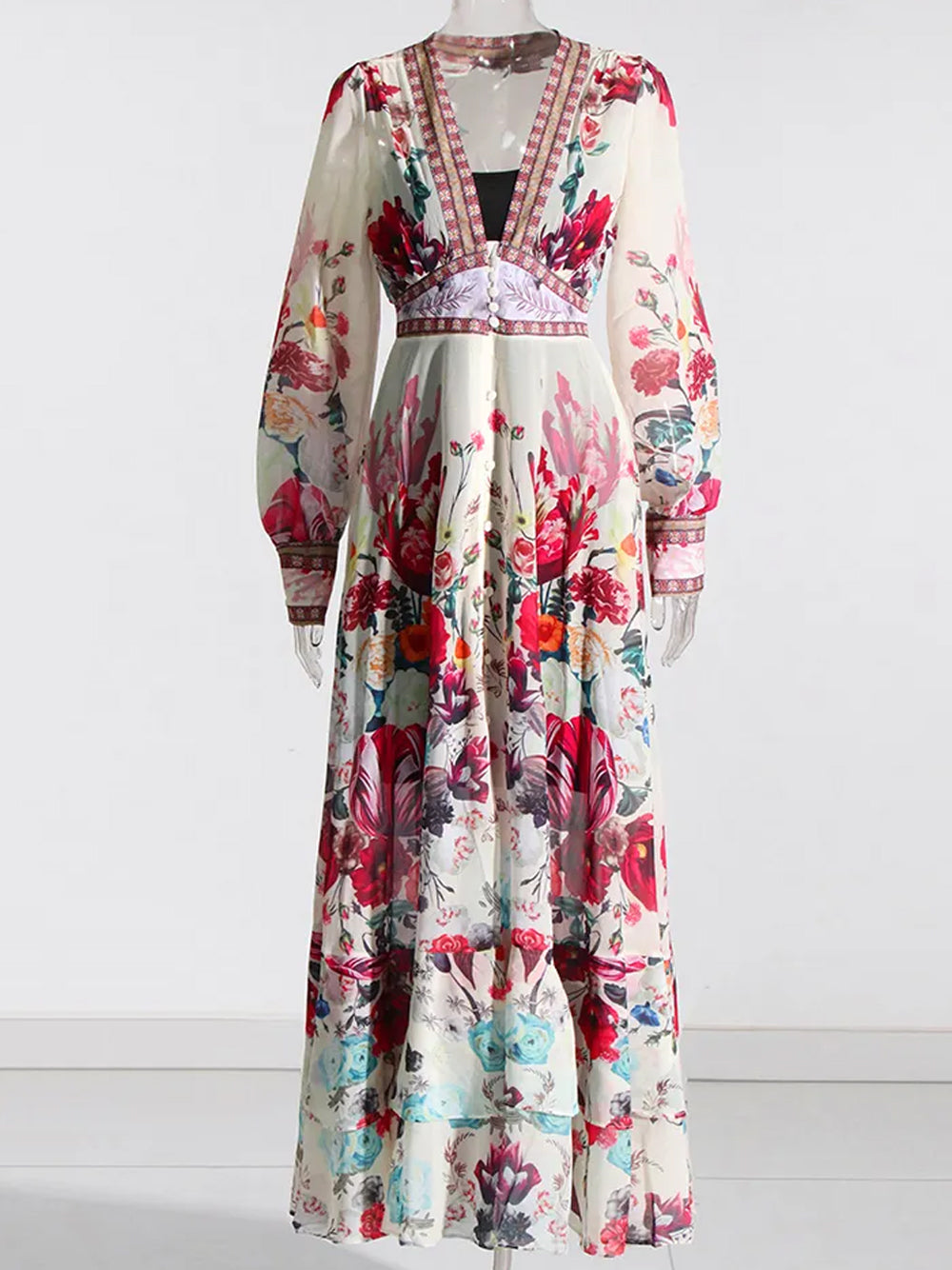 Floral Deep-V Bishop-Sleeve Button-Front Tiered Maxi Dress 7