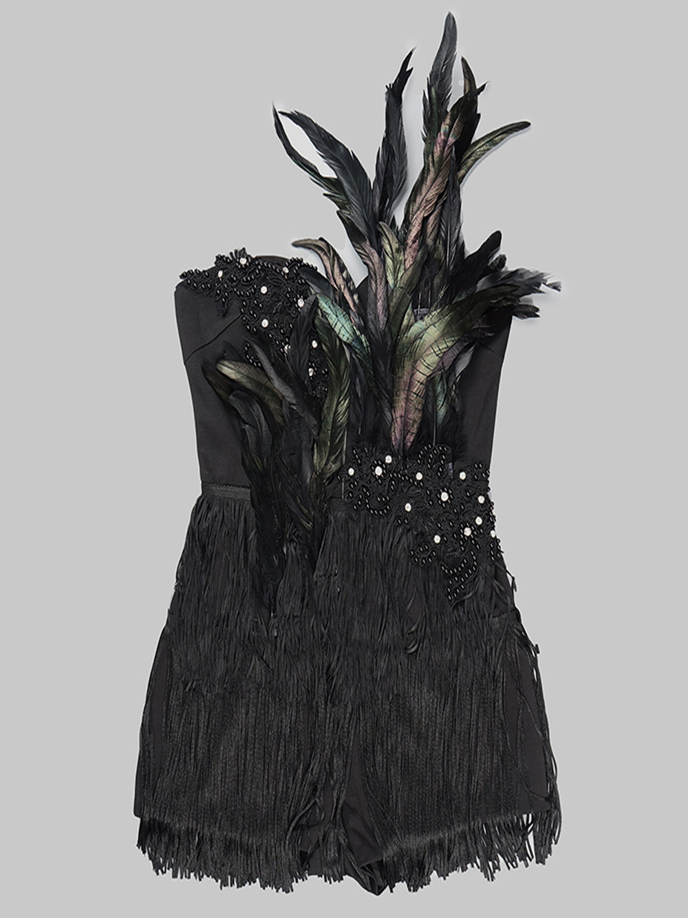 Feather Trim Beaded Strapless Fringe Mini Dress 5