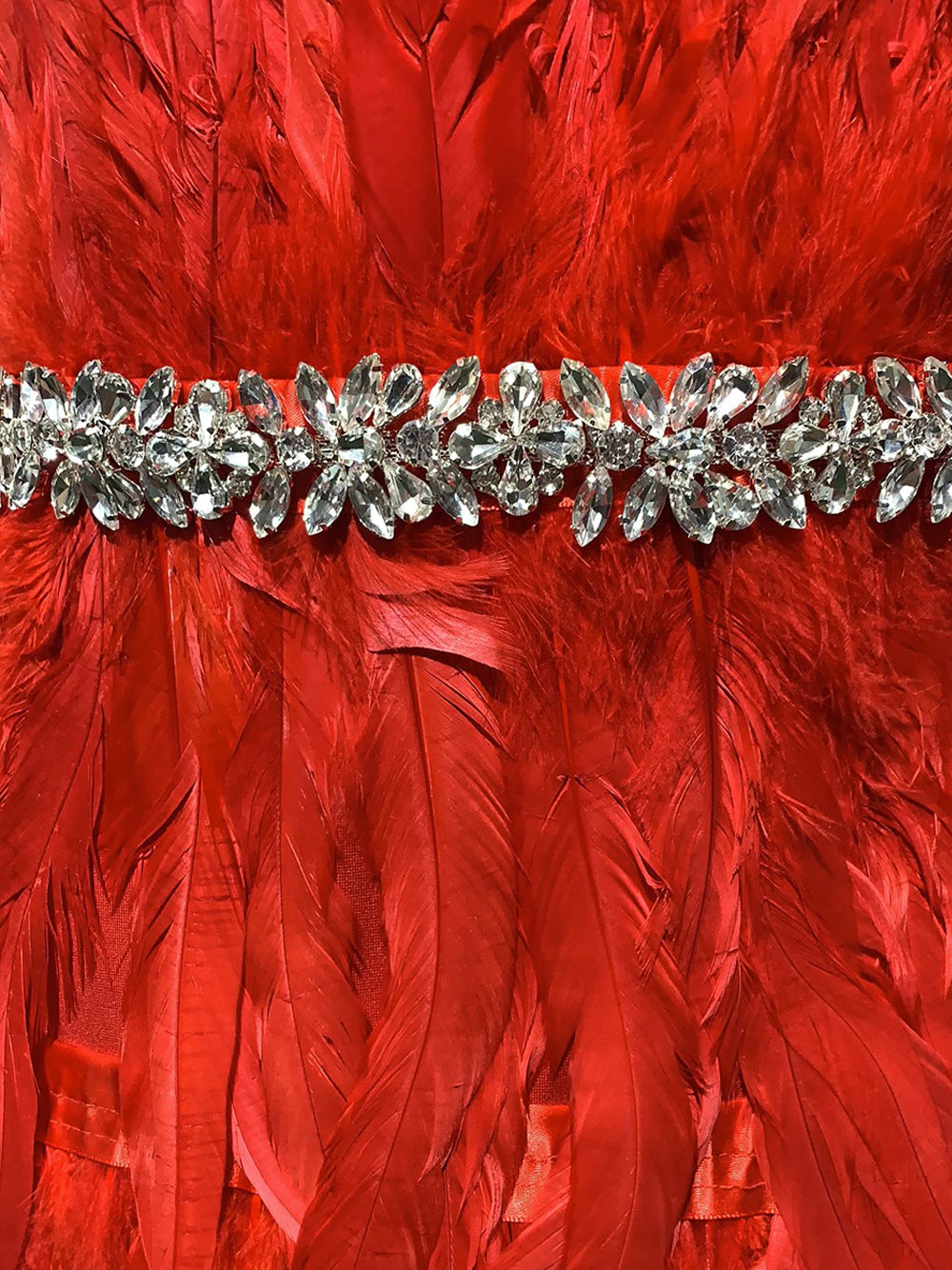 Strapless Rhinestone Belt Asymmetric Feather Hem Bodycon Mini Dress - View 6