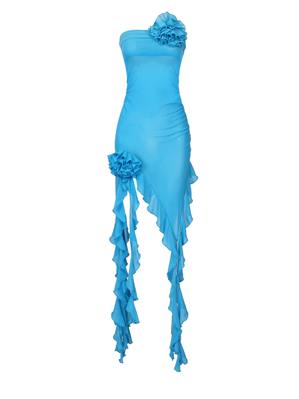Rosette Strapless Asymmetric Ruffle-Hem Dress 10