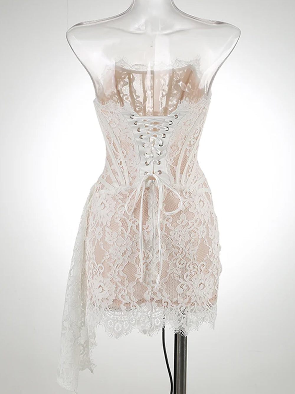 Strapless Eyelash Lace Corset Ruched Mini Dress 21