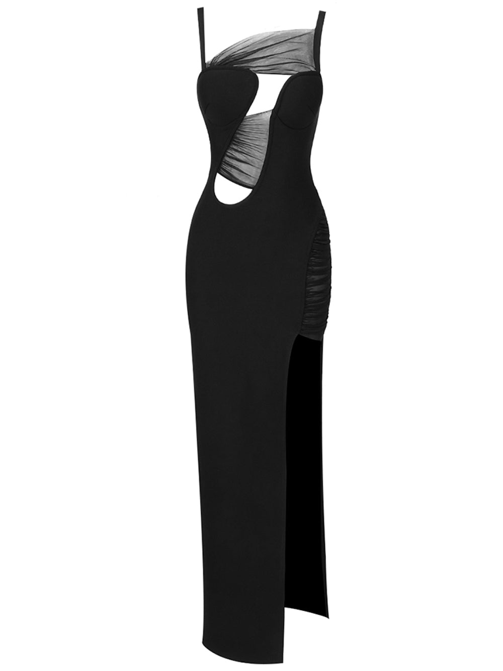 Mesh Panel Strappy Cutout High-Slit Bodycon Maxi Dress