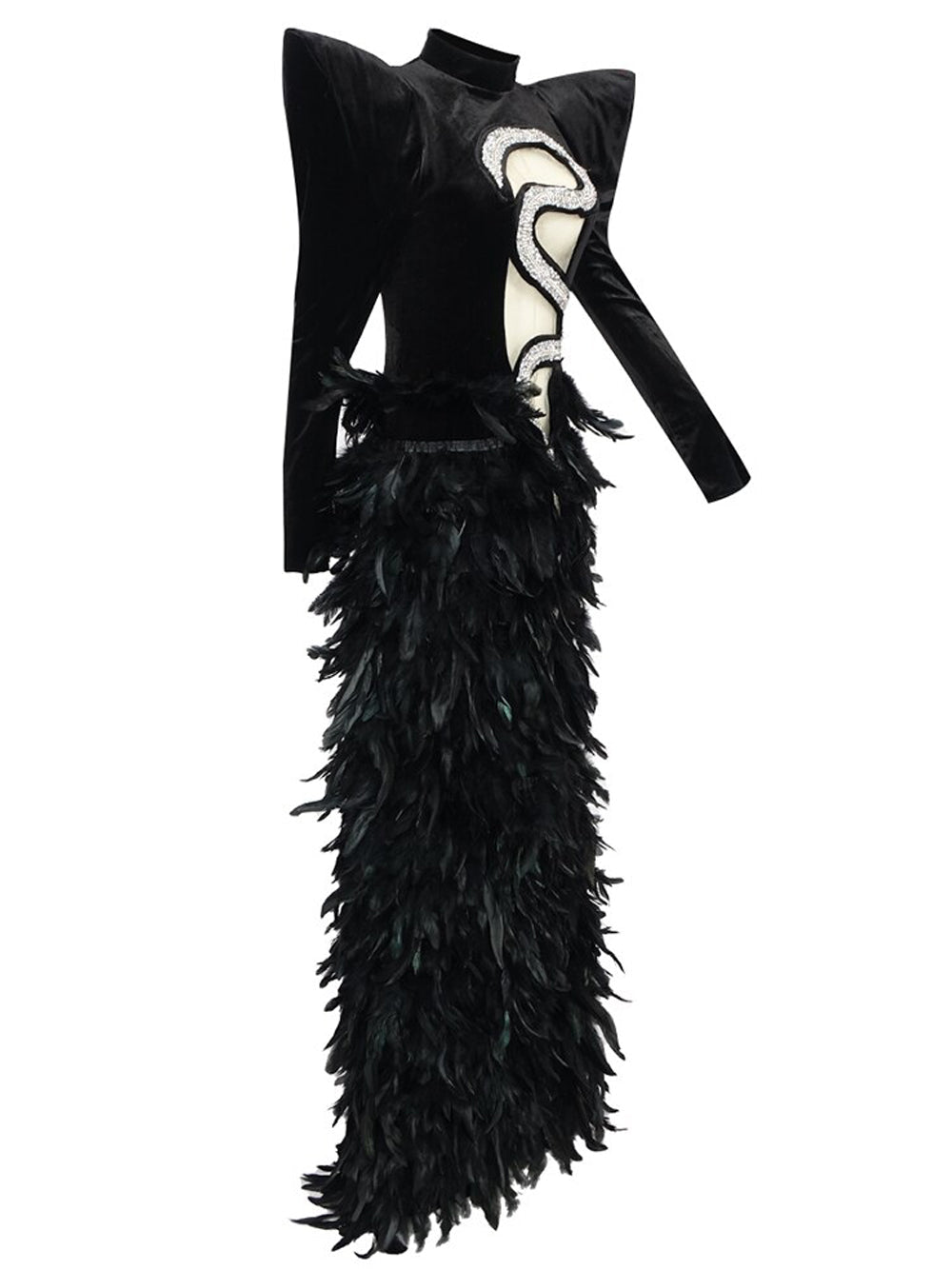 Velvet Mock Neck Rhinestone Cutout Feather-Trim Gown 6