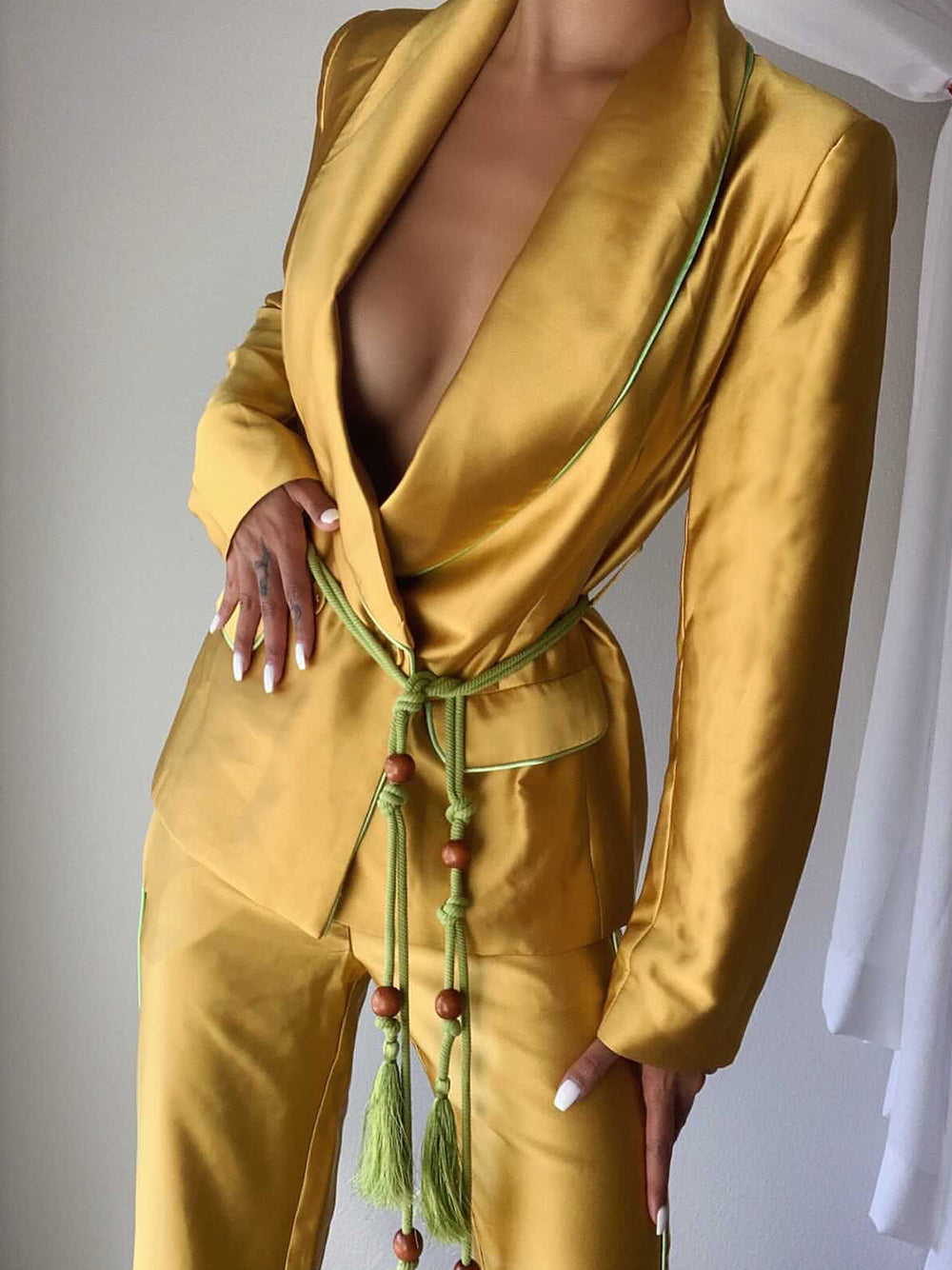 Tasseled Satin Blazer + Pants in Gold 5