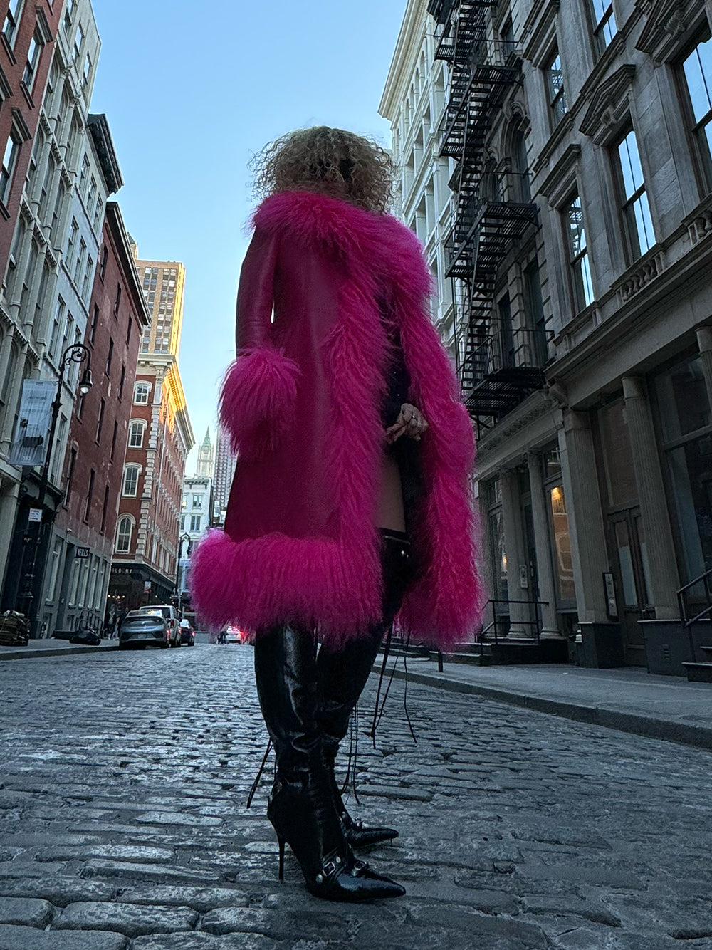 TAJE Shearling Trim Leather Coat in Fuchsia 18