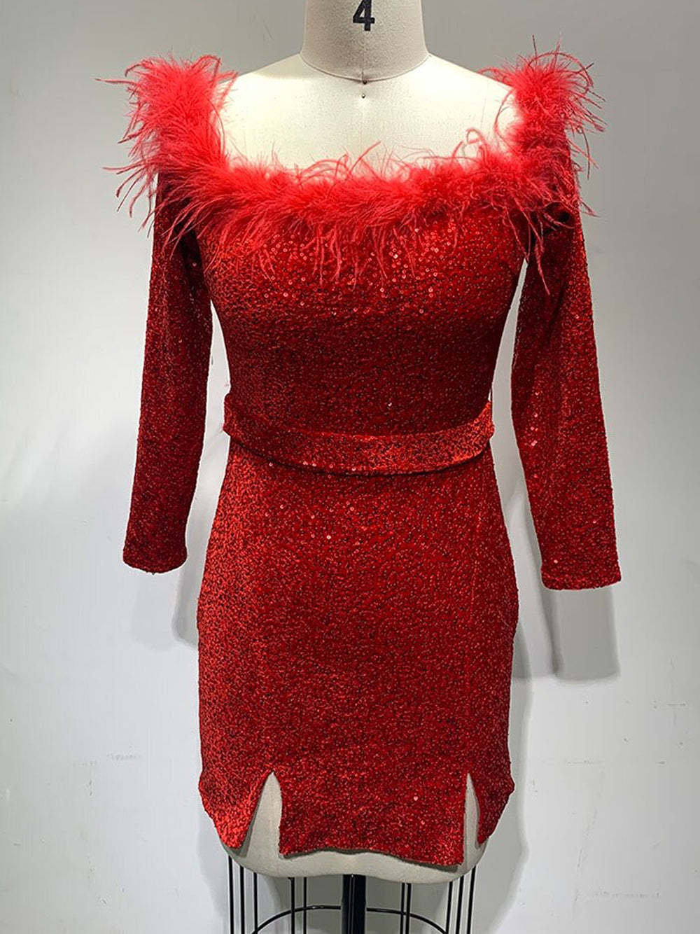 Sequin Off-Shoulder Feather Trim Long Sleeve Mini Dress 8