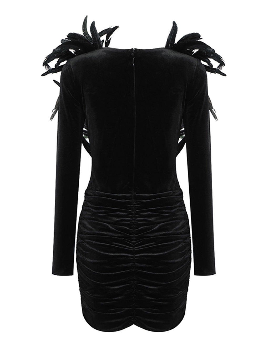 Velvet Off-Shoulder Long Sleeve Feather Trim Mini Dress 2