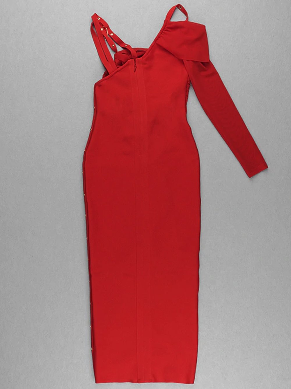 Off-Shoulder Ruched Safety-Pin High-Slit Bodycon Midi Dress 18