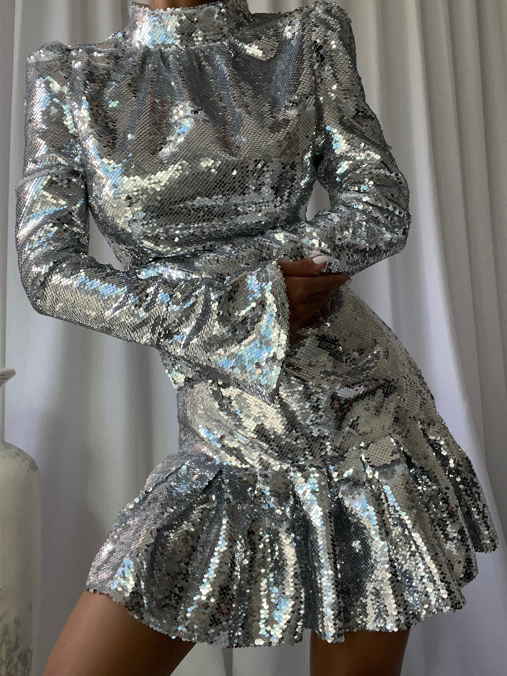 Sequin High Neck Long Sleeve Ruffle Hem Mini Party Dress