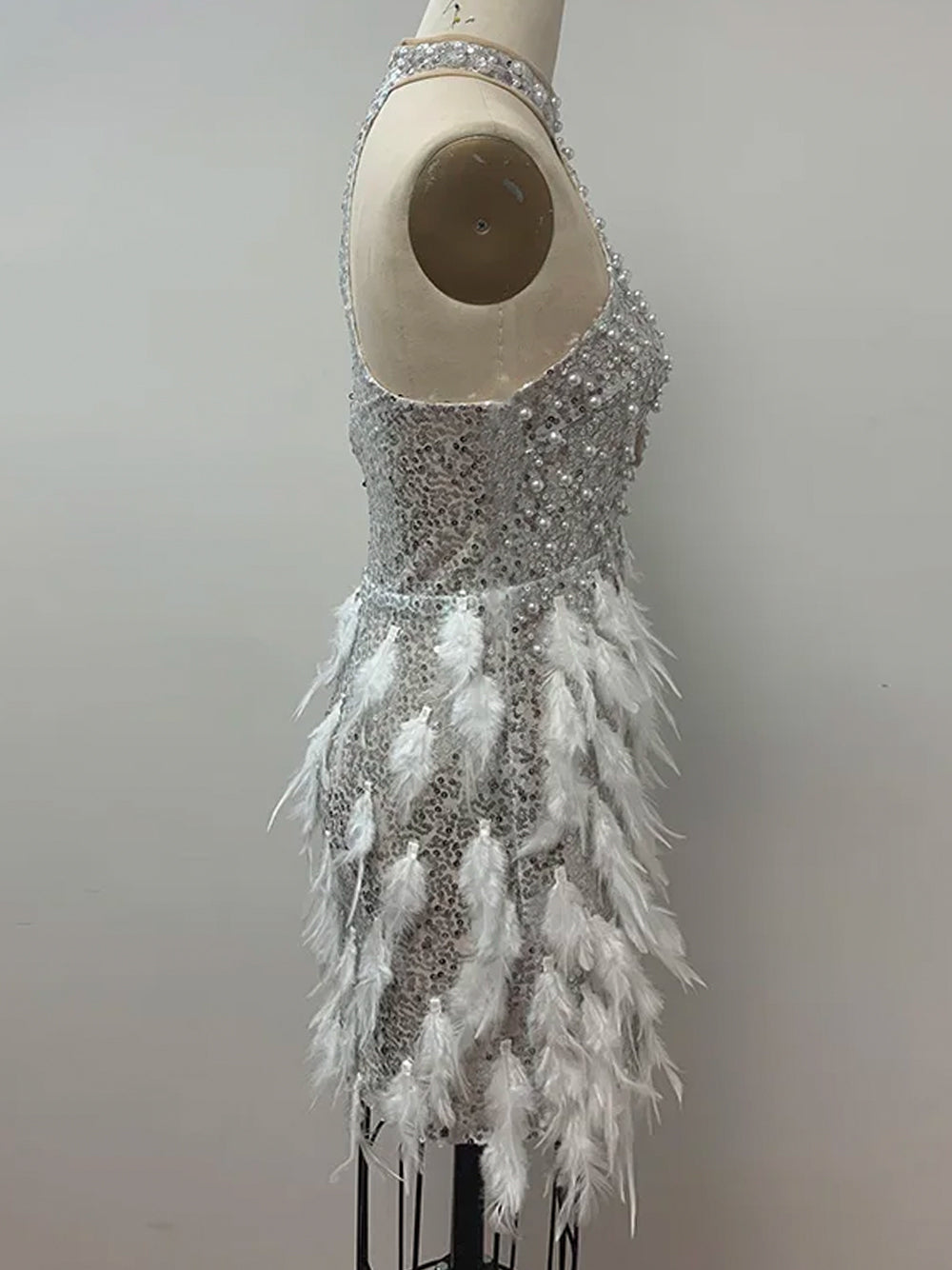 Sequin Halter Neck Plunge Feather Skirt Mini Dress - View 11