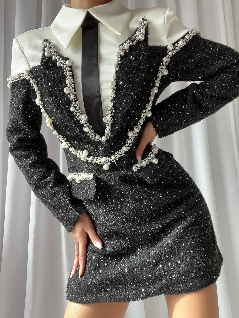 Sequin Pearl-Embellished Collared Long-Sleeve Bodycon Mini Dress