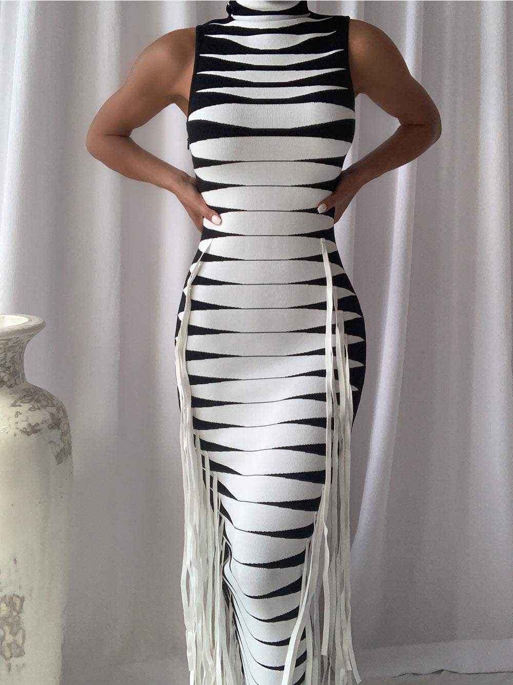 Striped Knit High Neck Sleeveless Fringe Maxi Dress