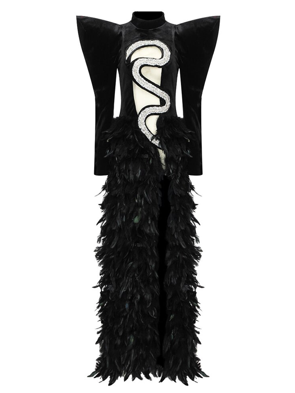 Velvet Mock Neck Rhinestone Cutout Feather-Trim Gown