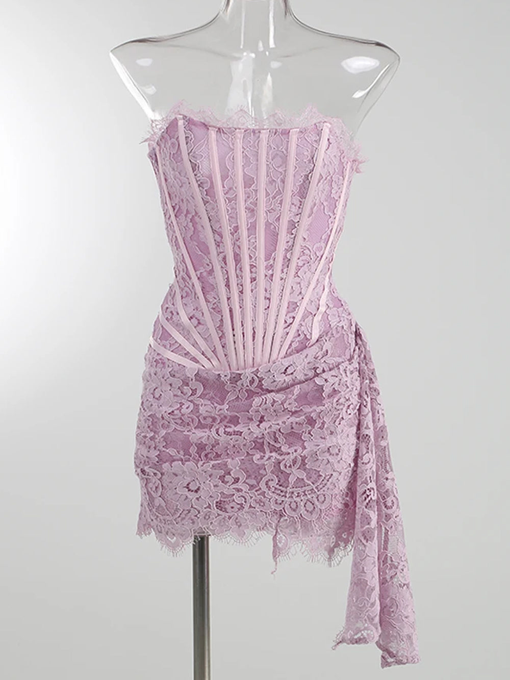 Strapless Eyelash Lace Corset Ruched Mini Dress 5
