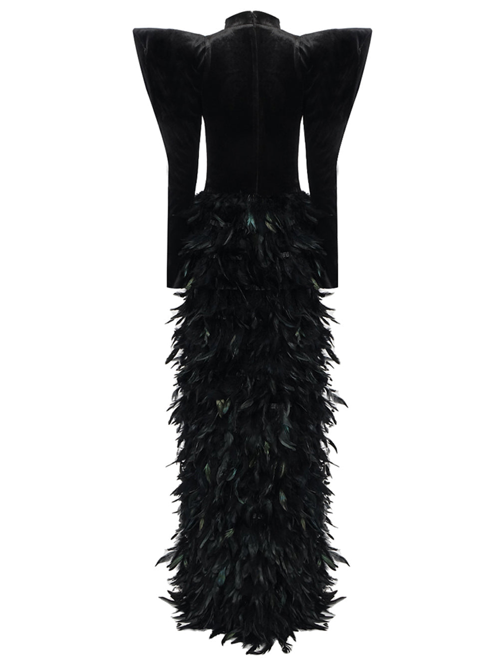 Velvet Mock Neck Rhinestone Cutout Feather-Trim Gown 2