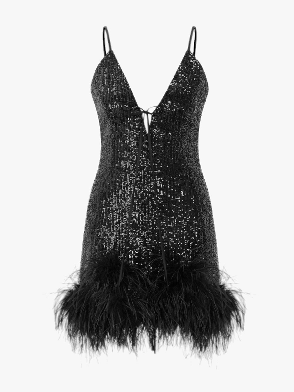 Sequin Plunge Strappy Feather-Trim Bodycon Mini Dress 6