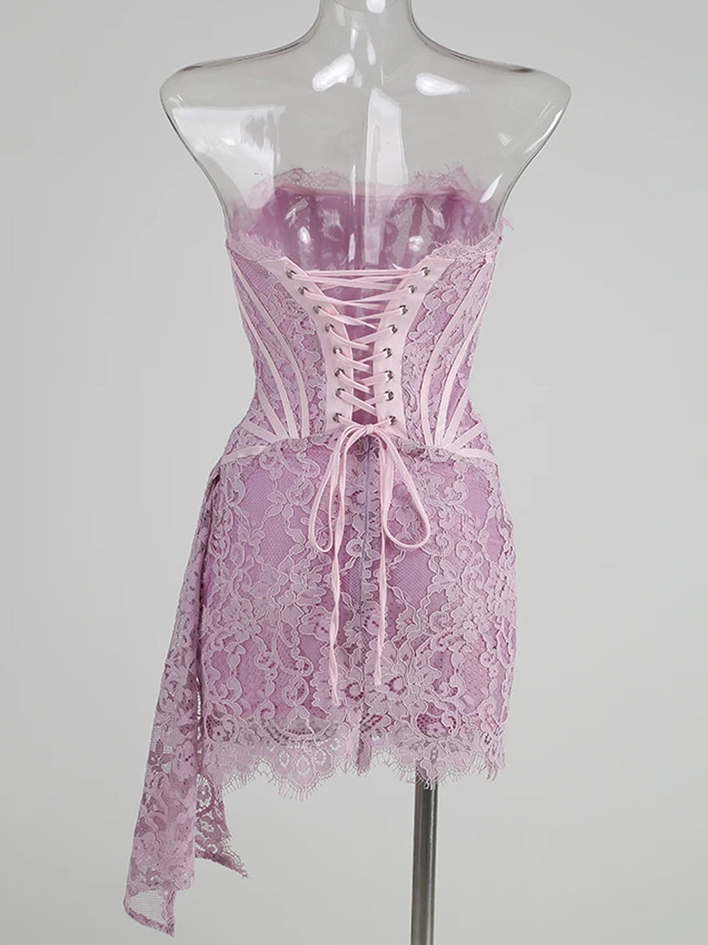 Strapless Eyelash Lace Corset Ruched Mini Dress 6