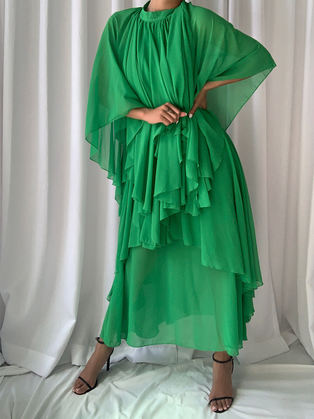 Chiffon High Neck Cape Sleeve Tiered Ruffle Maxi Dress