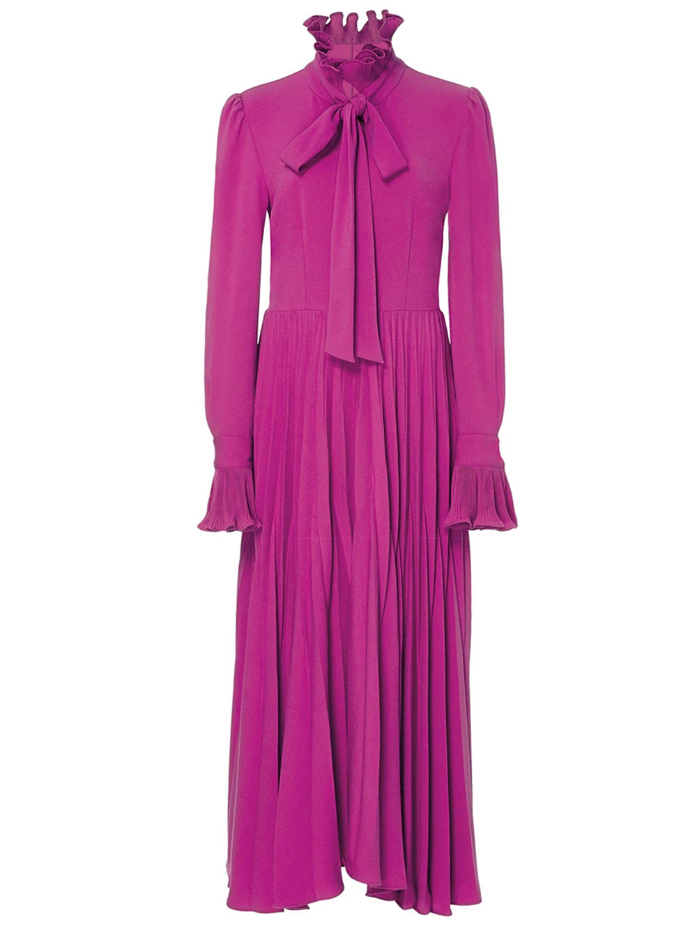 Tie-Neck Bishop-Sleeve Pleated A-Line Midi Dress 16