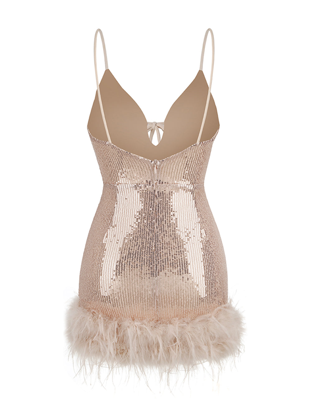 Sequin Deep V-Neck Spaghetti Strap Feather Hem Bodycon Mini Dress - View 2
