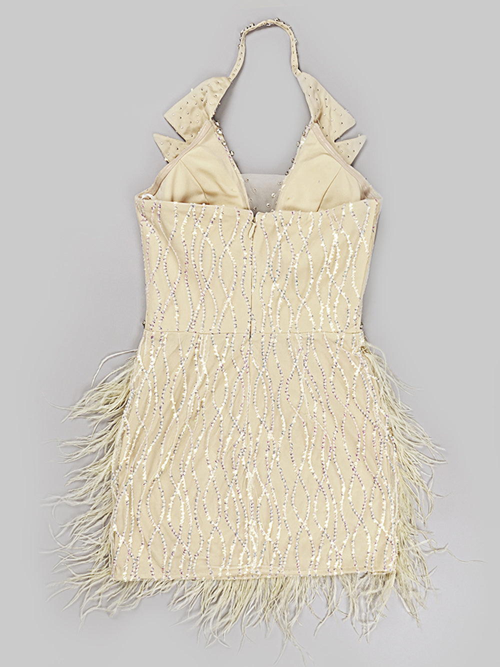 Rhinestone Halterneck Sheer Corset Feather Mini Dress 7