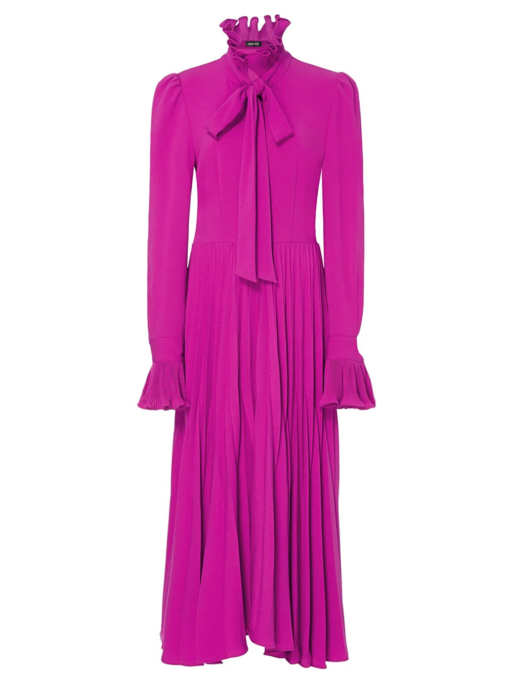 Tie-Neck Bishop-Sleeve Pleated A-Line Midi Dress 4