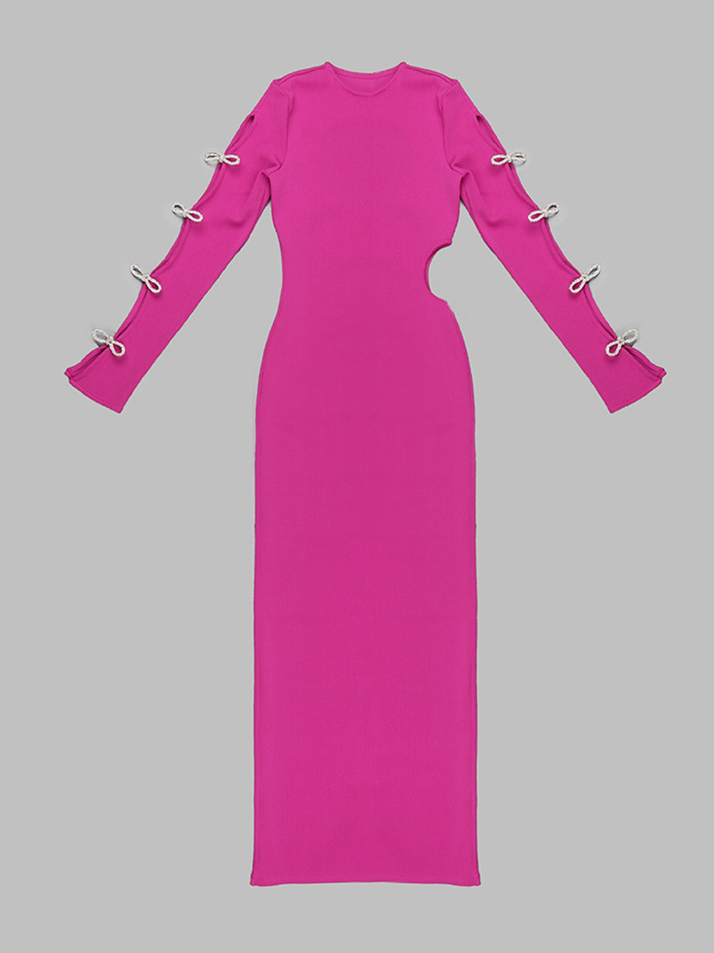 Ribbed Knit Rhinestone Bow Cutout Long-Sleeve Maxi Dress 8