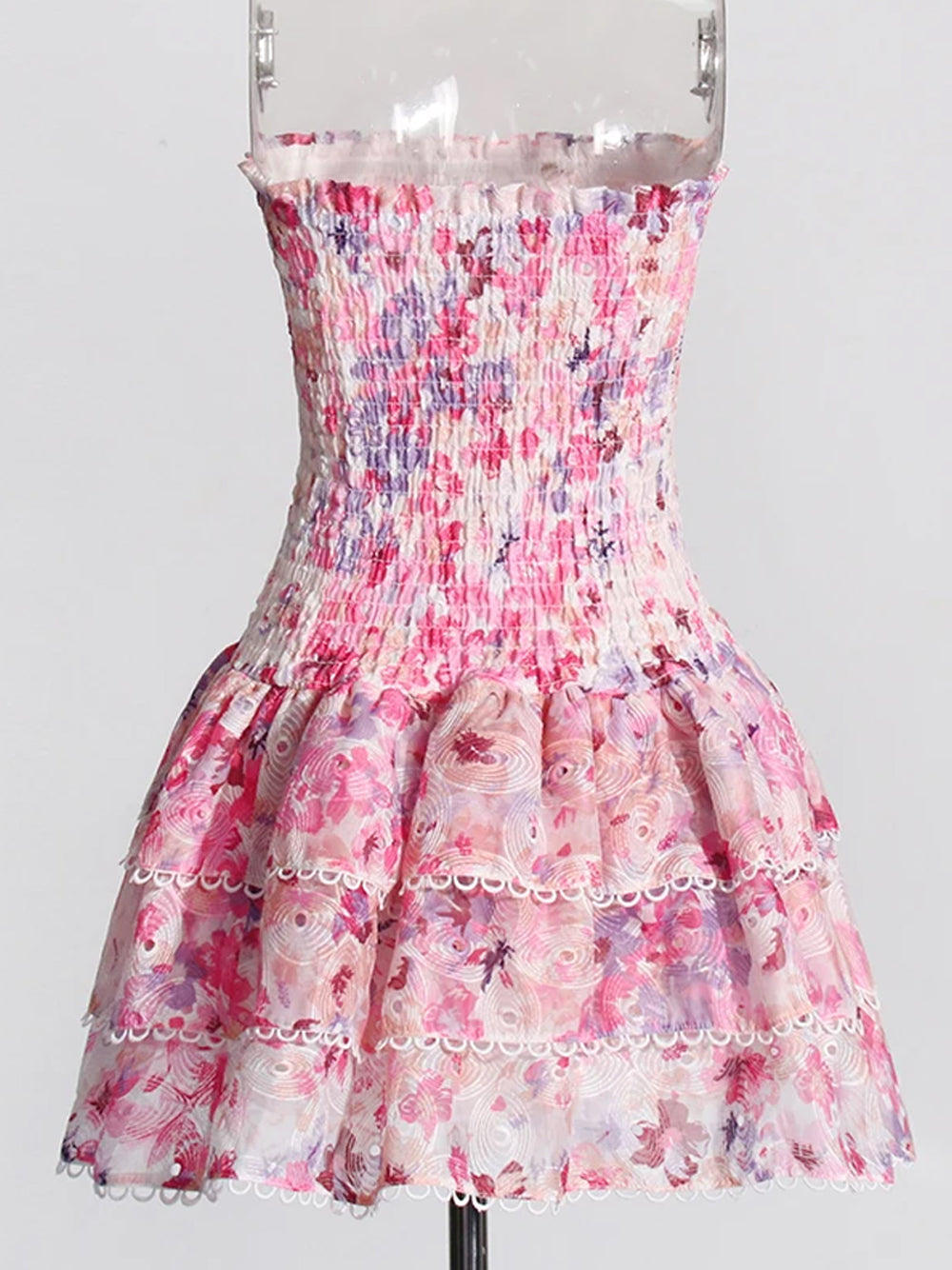 Floral Print Strapless Smocked Tiered Ruffle Mini Dress 9
