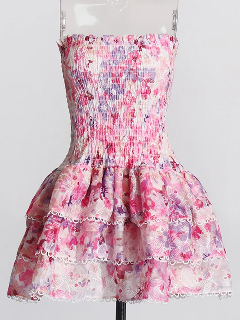 Floral Print Strapless Smocked Tiered Ruffle Mini Dress 7