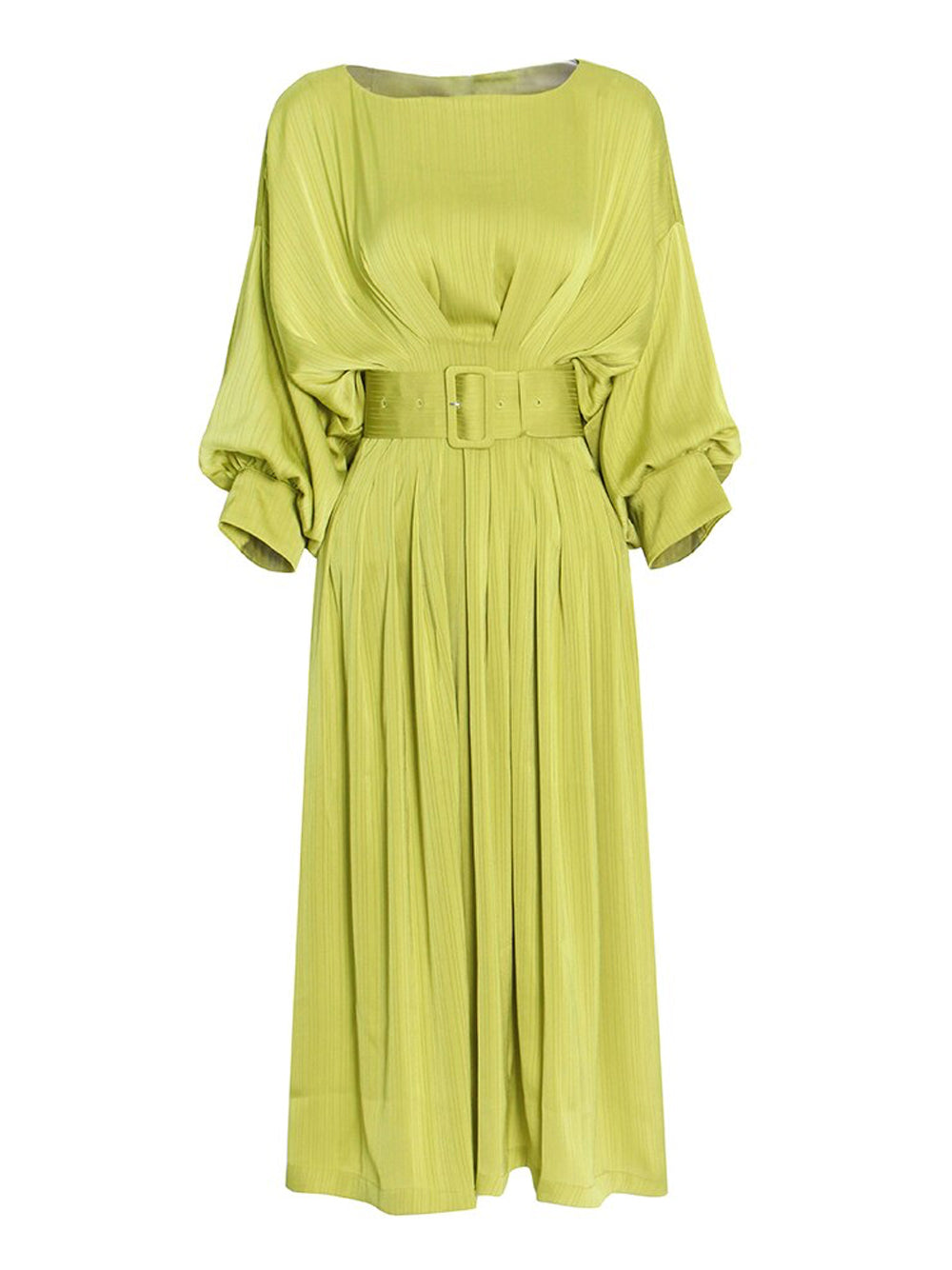 Boat Neck Long Sleeve Pleated A-Line Midi Dress 5