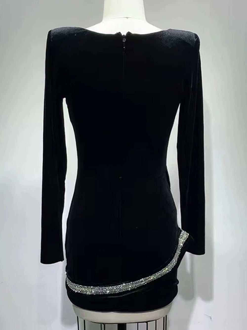 Velvet Deep-V Long-Sleeve Rhinestone Bodycon Mini Dress 14