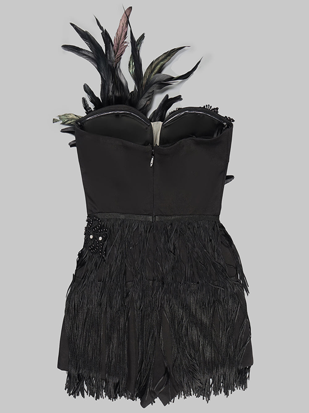 Feather Trim Beaded Strapless Fringe Mini Dress 6