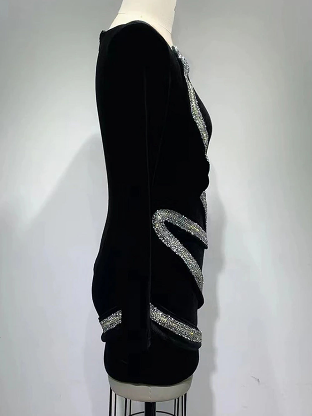 Velvet Deep-V Long-Sleeve Rhinestone Bodycon Mini Dress 13