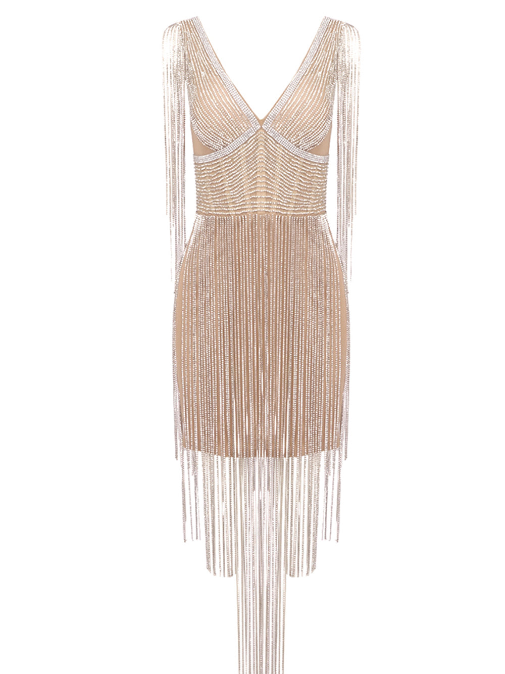 Rhinestone Deep V-Neck Sleeveless Long Fringe Bodycon Mini Dress