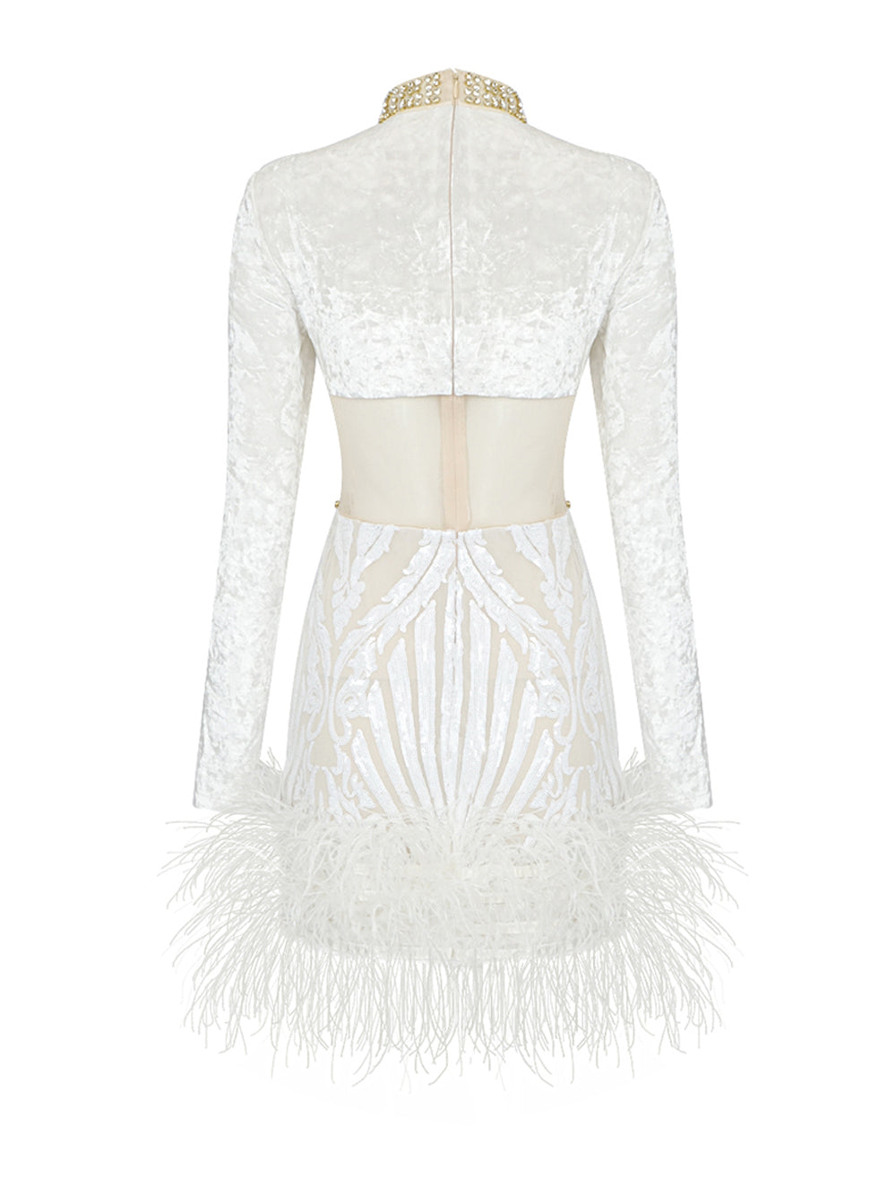 Crystal Embellished Feather-Hem Long-Sleeve Mini Dress 2
