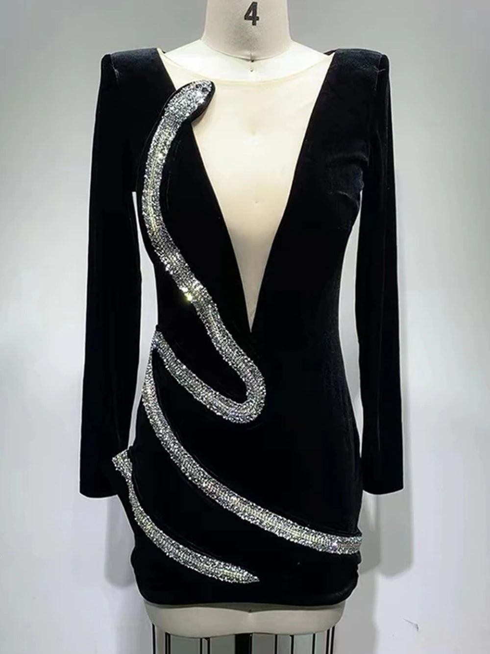 Velvet Deep-V Long-Sleeve Rhinestone Bodycon Mini Dress 12