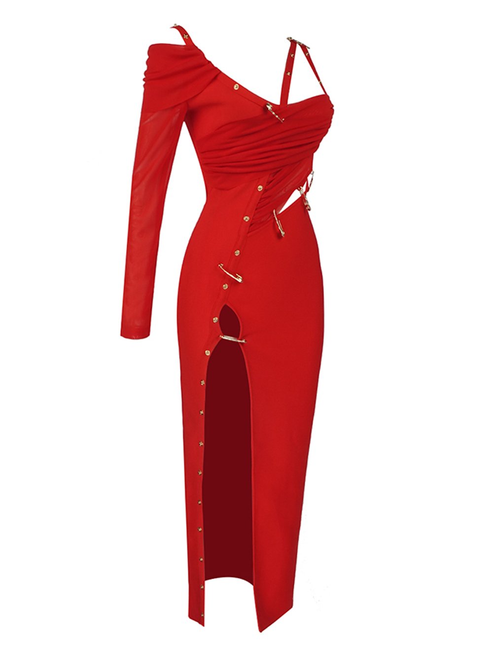 Safety Pin Asymmetric Ruched High-Slit Bodycon Maxi Dress 5