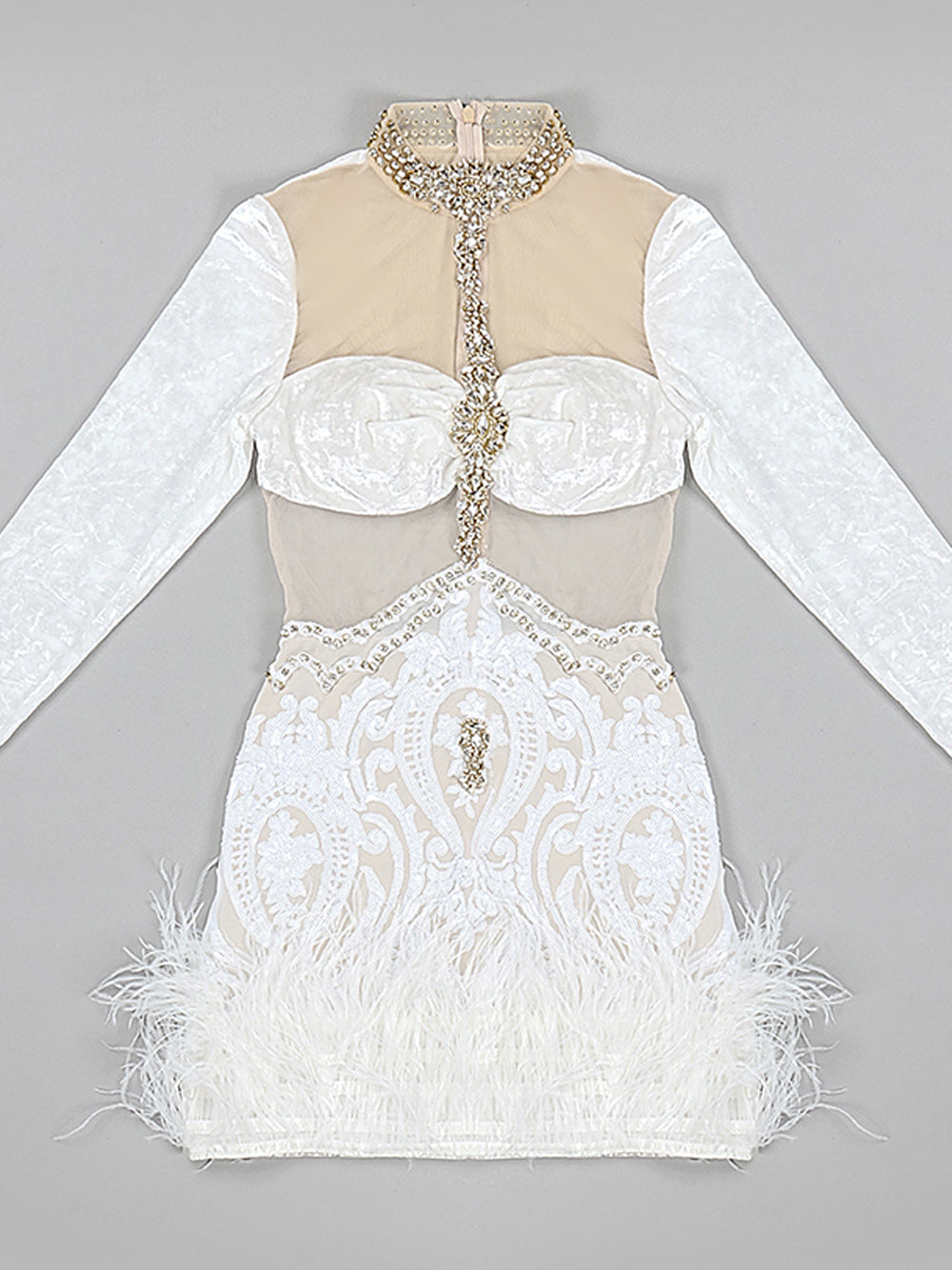Crystal Embellished Feather-Hem Long-Sleeve Mini Dress 5