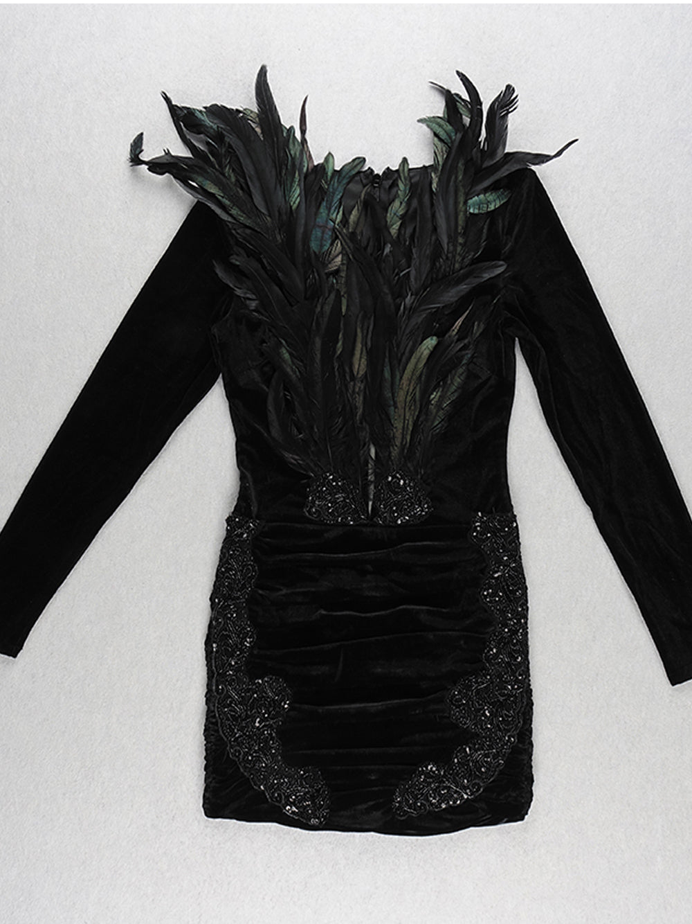 Velvet Deep V-Neck Long Sleeve Feather Bodice Ruched Mini Dress - View 5
