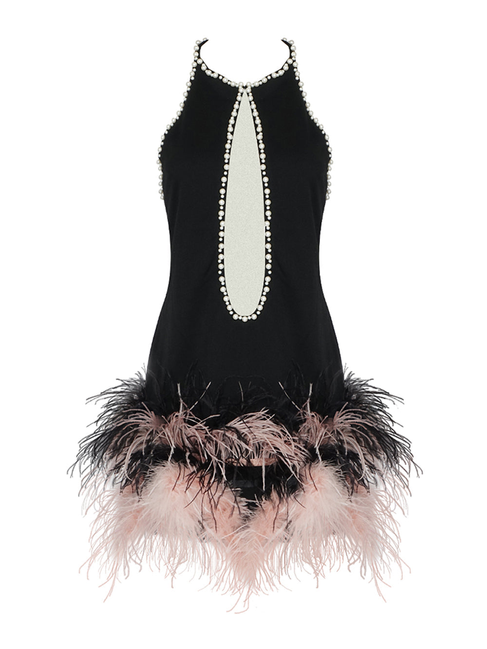Pearl-Embellished Halter Keyhole Feather-Hem Mini Dress 3