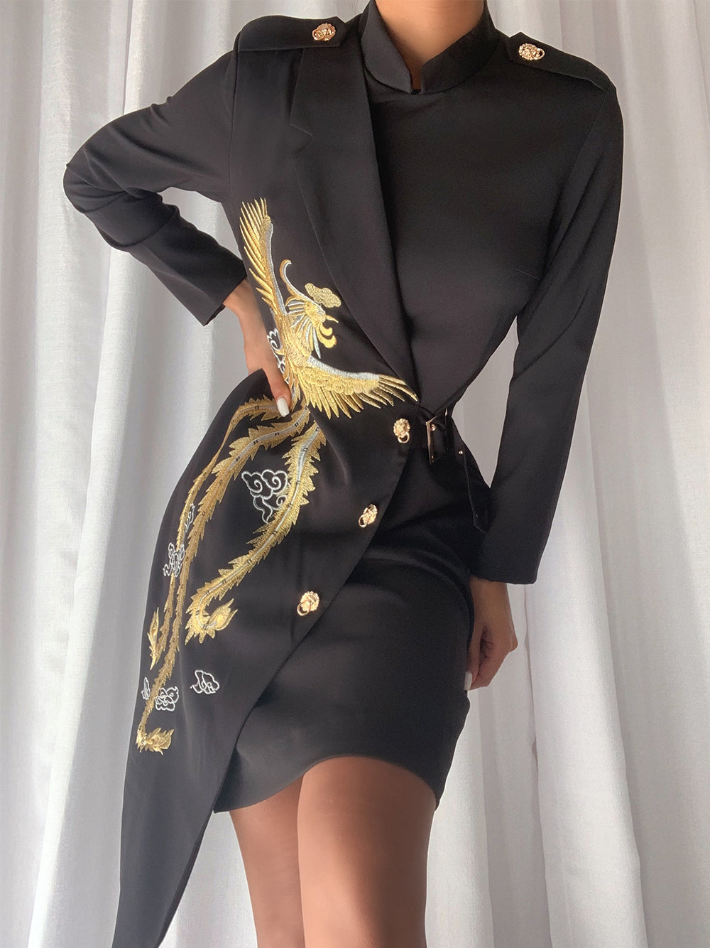 Embroidered Lapel Long Sleeve Asymmetric Blazer Midi Dress 7